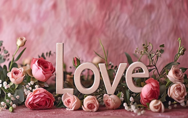 Liebe, gebildet von verschiedenen Blüten auf einem staubigen Rose-Hintergrund