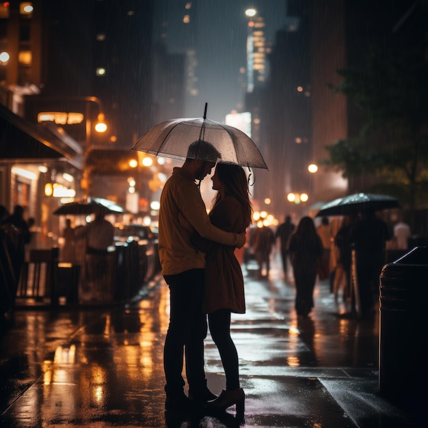 Liebe im Regen Ein Paar umarmt sich unter einem gemeinsamen Regenschirm