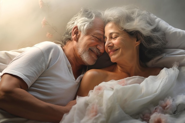 Liebe lebt für immer älteres Paar zu Hause hübscher alter Mann und attraktive alte Frau genießen es, Zeit zusammen zu verbringen, während sie im Bett liegen