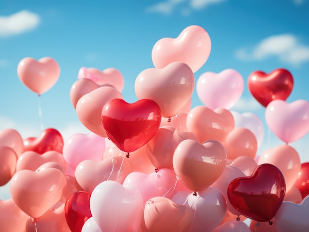 Liebe liegt in der Luft. Rote und rosa herzförmige Luftballons vor blauem Himmel am Valentinstag. KI-generiert
