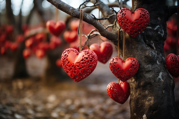 Liebe und Emotion Konzept Valentinstag rote Herzen hängen an einem Baum und bedecken den Waldboden