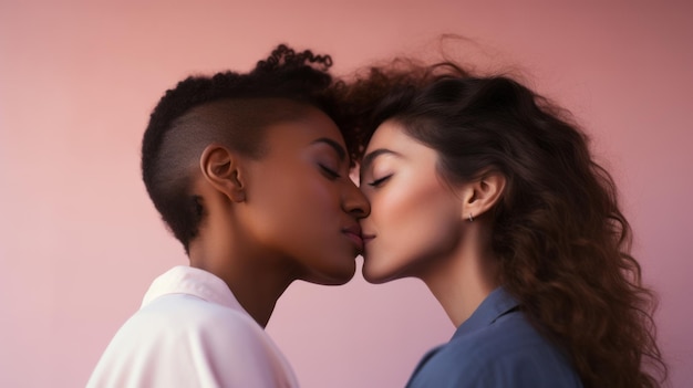 Liebe und Kuss eines lesbischen Paares auf Studiohintergrund in einer glücklichen Lgbtq-Beziehung zusammen. Frauen der Generation Z sind stolz auf ihr gemeinsames Partnerglück