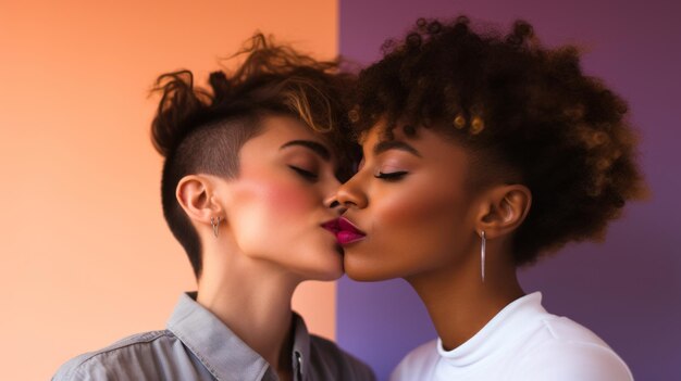 Liebe und Kuss eines lesbischen Paares auf Studiohintergrund in einer glücklichen Lgbtq-Beziehung zusammen. Frauen der Generation Z sind stolz auf ihr gemeinsames Partnerglück