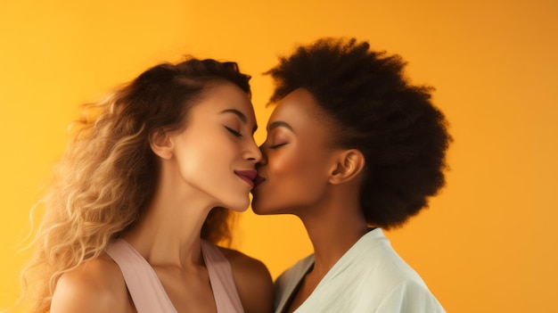 Liebe und Kuss eines lesbischen Paares auf Studiohintergrund in einer glücklichen Lgbtq-Beziehung zusammen. Frauen der Generation Z sind stolz auf ihr gemeinsames Partnerglück