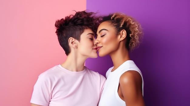 Liebe und Kuss eines lesbischen Paares auf Studiohintergrund in einer glücklichen Lgbtq-Beziehung zusammen. Frauen der Generation Z sind stolz auf ihr gemeinsames Partnerglück