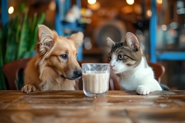 Foto liebenswerte haustiere genießen erfrischende milch in einem zeitgenössischen café auf einem porträt