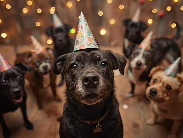 Foto liebenswerte hunde in partyhüten mit festlichen dekorationen und konfetti