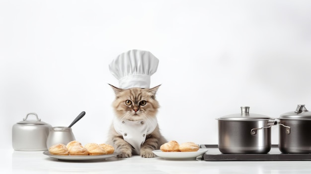 Foto liebenswerte katze in schürze, die einen kuchen mit kopierraum auf verschwommenem weißen küchenhintergrund backt