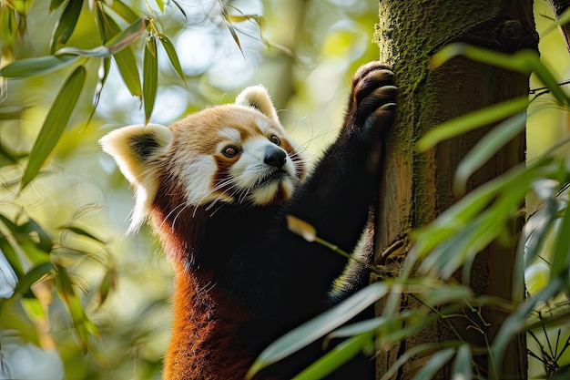 Liebenswerte rote Pandas klettern in Bambuswäldern auf Bäume Charmante Szene von roten Pandas, die spielerisch durch Bambuswäldche navigieren