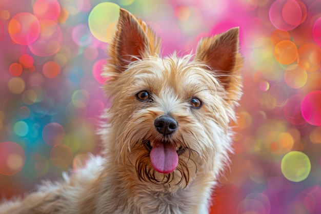 Liebenswerter braun-weißer flauschiger Hund mit ausgebreiteter Zunge auf einem bunten Bokeh-Hintergrund