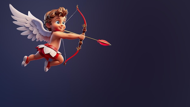 Liebenswürdiges Baby Cupid mit Bogen und Pfeil Symbol der Liebe Verliebtheit dunkler Hintergrund Valentinstag