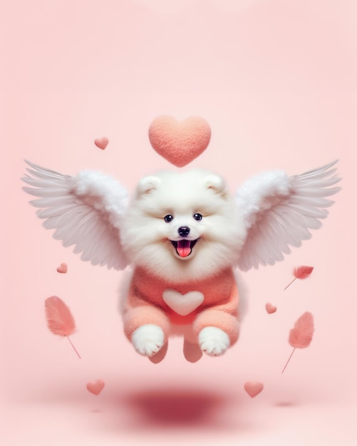 Lieber weißer Hund mit Flügeln und rotem Herzen auf rosa Hintergrund Valentinstagskonzept