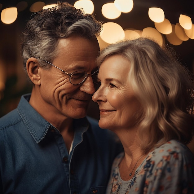 Liebes-Date-Nacht und älteres Paar mit Lächeln und Bokeh bei gemeinsamer romantischer Abendfeier