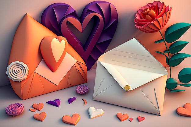 Liebesbrief in einem Umschlag mit Herzen Generative AI