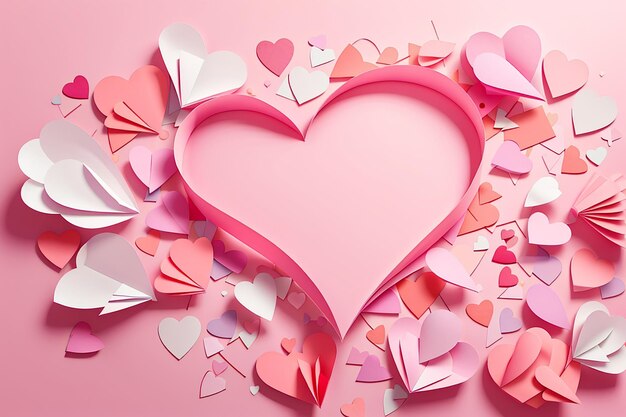 Liebesbriefumschlag voller Papierherzen flach auf rosa Valentins- oder Jubiläumshintergrund mit Kopierraum