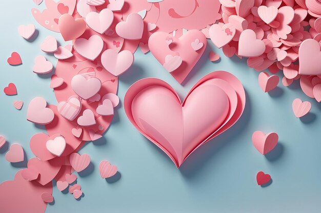 Liebesbriefumschlag voller Papierherzen flach auf rosa Valentins- oder Jubiläumshintergrund mit Kopierraum