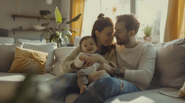 Liebesfamilie-Moment im gemütlichen Wohnzimmer Junge Eltern spielen mit Kleinkind Heimleben Liebe und Glück Casual-Stil realistischer Lebensstil Bild KI