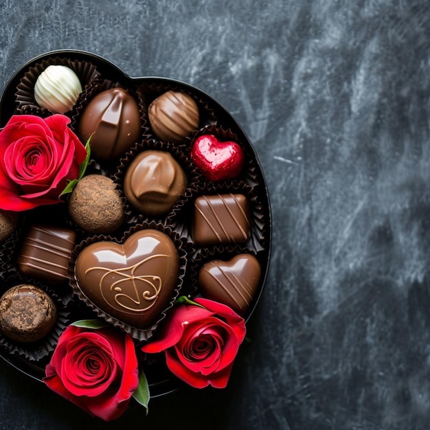Liebesherz-Geschenkkiste mit Schokolade und Rosen AI-generiert