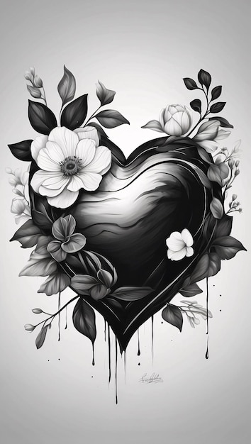 Liebesherzblumenarrangement Schwarz-Weiß-Blütenbouquet Illustration Dunkel-Karten-Design