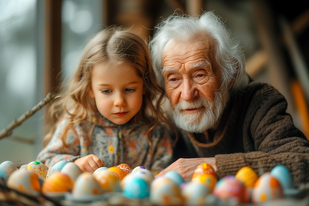 Foto liebesmoment zwischen großvater und enkelin, die ostereier zu hause malen