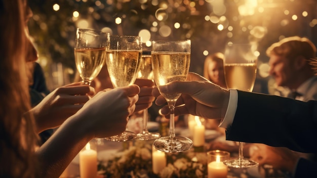 Liebespaar beim Galadinner, das Zeit miteinander verbringt und mit Champagner anstößt, um den Valentinstag zu feiern