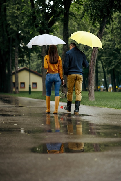 Liebespaar mit Regenschirmspaziergängen im Sommerpark, Rückansicht, regnerischer Tag. Mann und Frau entspannen sich auf Gehweg bei Regen, nasses Wetter in Gasse