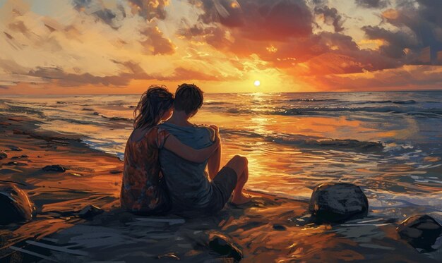 Liebespaar sitzt am Ozean Romantik wunderschöner romantischer Sonnenuntergang romantischer Abend Valentinstag