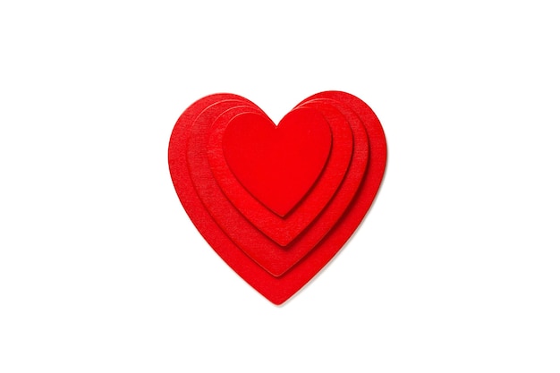 Liebessymboldekoration, Konzept des Valentinstags, rot gemalte Herzen, die in einer Stapeloberansicht liegen