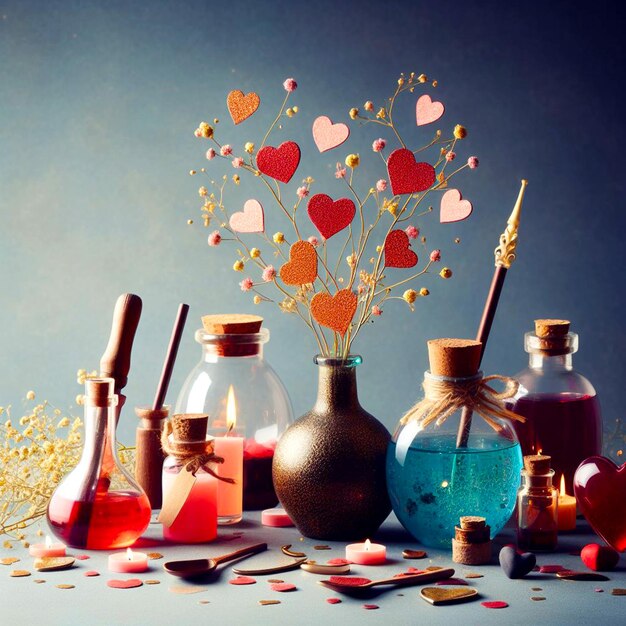 Liebestrank in Glasflaschen mit roten Herzen Valentinstagskonzept