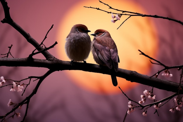 Liebesvögel in Silhouette, die auf einem Baumzweig sitzen, teilen sich ihre Zuneigung