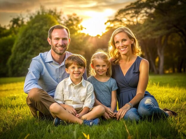 Foto liebevolle beziehung der familie auf einem feld bei sonnenuntergang