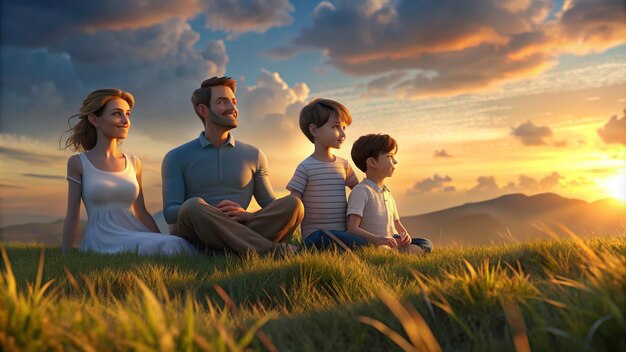 Foto liebevolle beziehung der familie auf einem feld bei sonnenuntergang