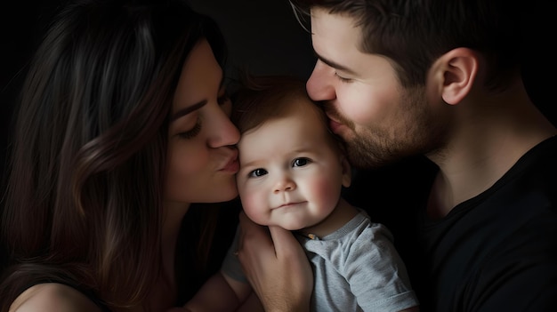 Liebevolle Eltern küssen ihr Baby in einem zarten Familienmoment Modernes Lebensstilporträt in einem Studio, das Zusammenhalt und Liebe umarmt KI