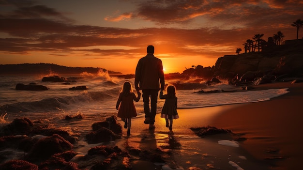 Liebevolle Familie beim Kuscheln und Beobachten des Sonnenuntergangs am Strand
