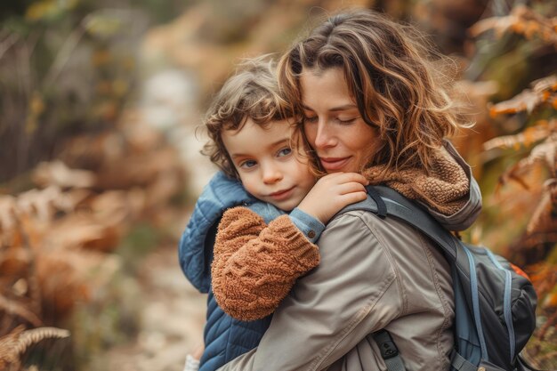 Foto liebevolle mutter umarmt ihr kind in einer herbstlandschaft warmer familienmoment inmitten von herbstblättern