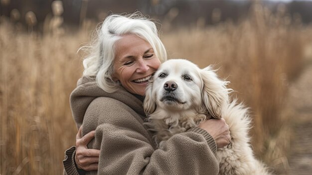 Foto liebevolle reife frau, die einen hund liebt