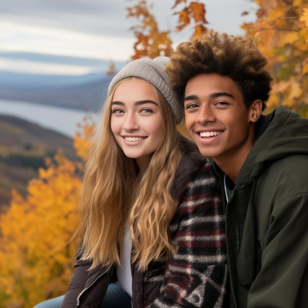 Foto liebevolles gemischtrassiges teenager-paar genießt einen romantischen herbsttag