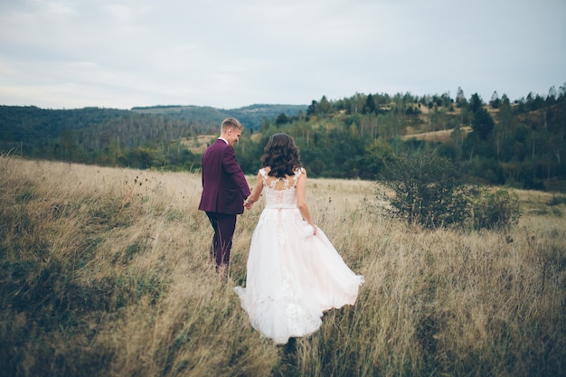 Liebevolles Hochzeitspaar in den Bergen