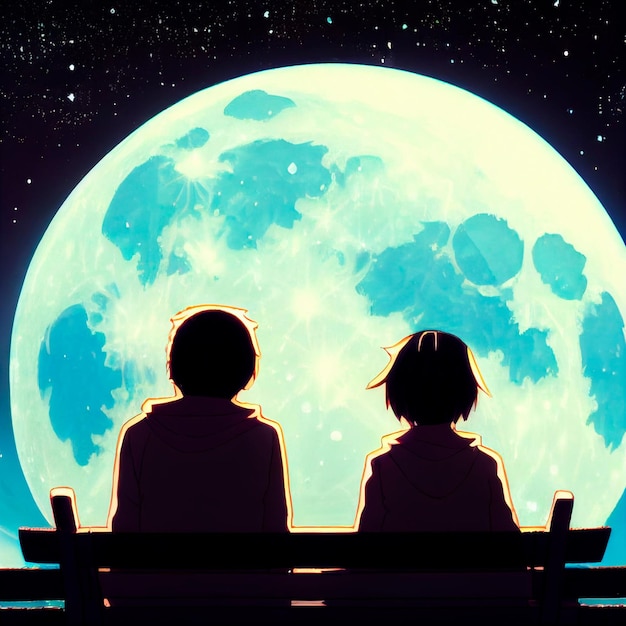 Liebhaber betrachten den Mond am Nachthimmel im Anime-Stil