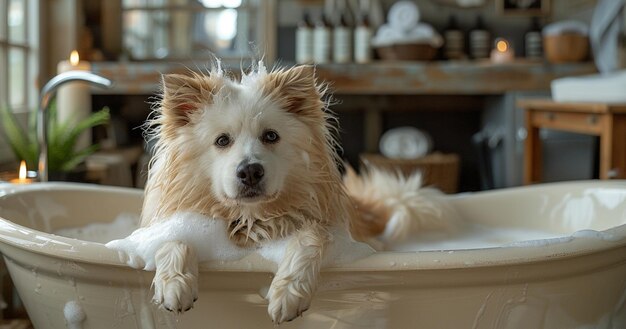 Lieblingshund badet im Bad, kümmert sich um einen Hund zu Hause, badet den Hund.