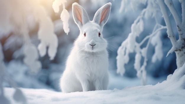 La liebre blanca se sienta en la nieve en el bosque de invierno