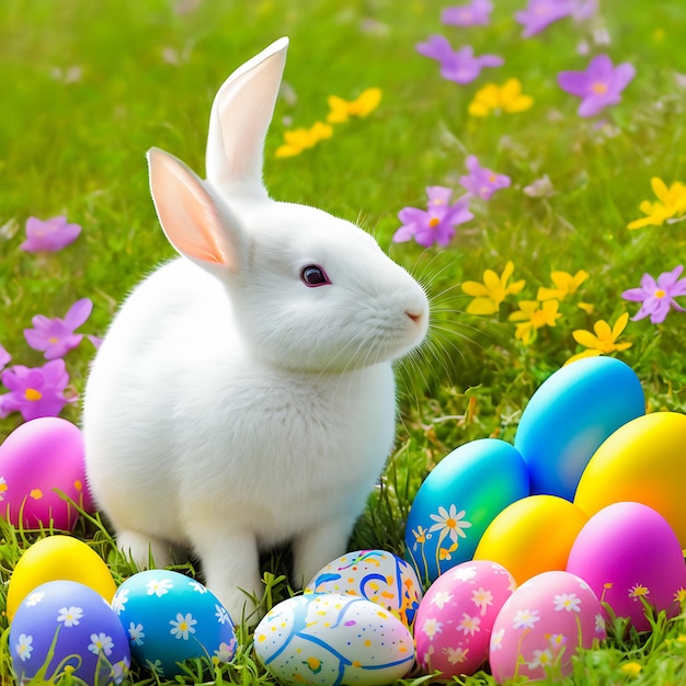 Una liebre de Pascua en un prado de verano con huevos de colores