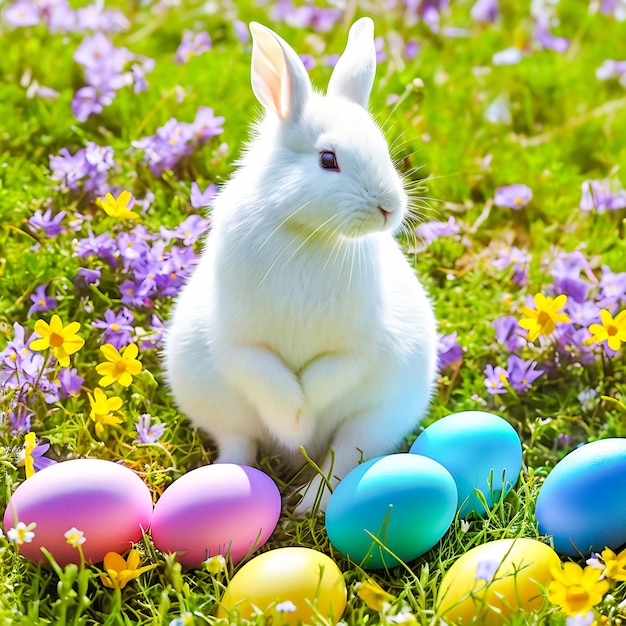 Una liebre de Pascua en un prado de verano con huevos de colores