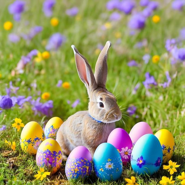 Una liebre de Pascua en un prado de verano con huevos de colores