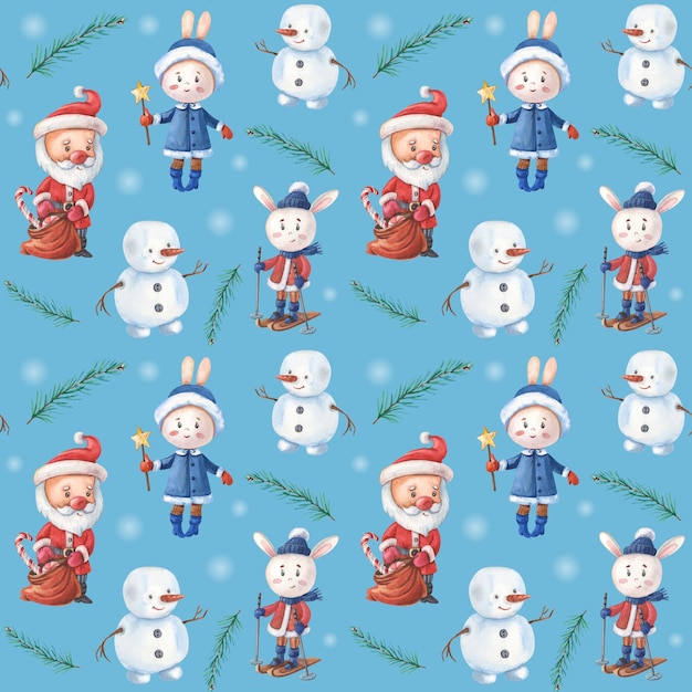 Liebre de Santa Claus y muñeco de nieve sobre fondo azul Patrón sin fisuras de Navidad