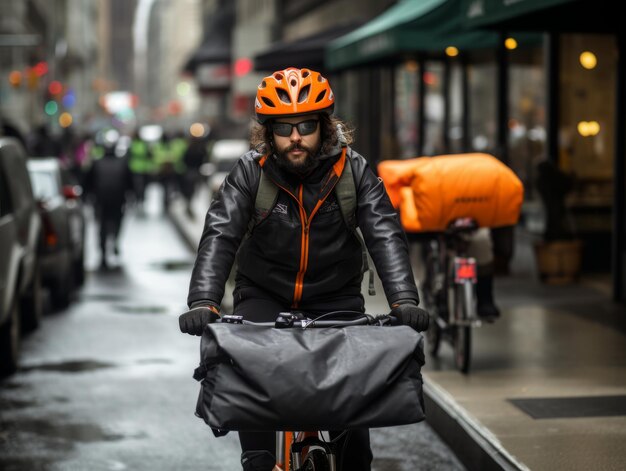 Foto lieferant fährt mit dem fahrrad durch die stadt, um pakete abzulegen