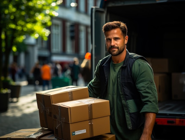 Lieferarbeiter bei der Beladung von Lastwagen Logistik bei der Belading von Kartonboxen Generative KI