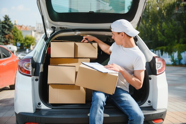 Lieferbote, der Box vom Auto abholt.