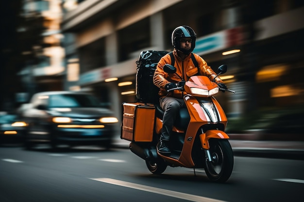 Lieferbote fährt Roller mit Paket AI