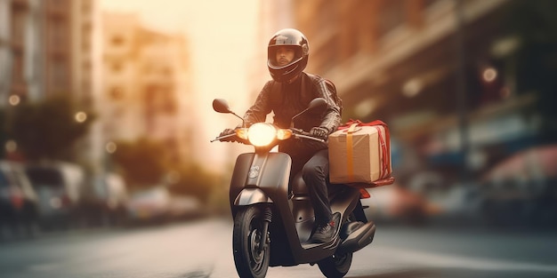 Lieferbote fährt Roller-Motorrad mit Bewegungsunschärfe-Stadtbild-Hintergrund Generative KI